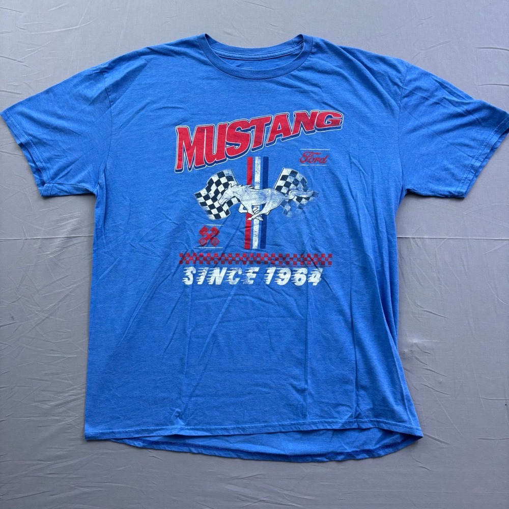 Ford Mustang Since 1964 Graphic T-Shirt Mens 2XL Blue Racing Flags Dynasty‎ Tee